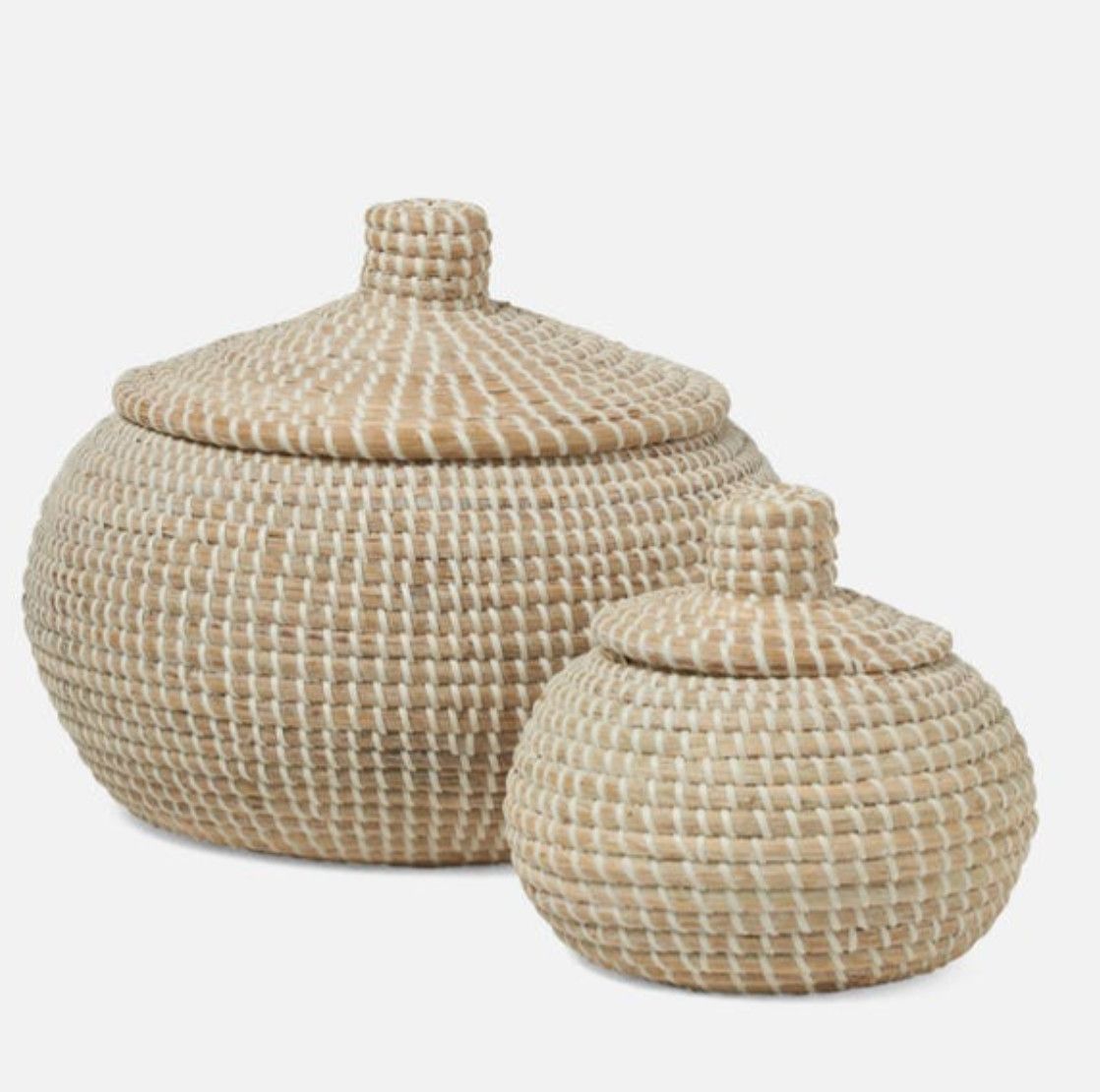 Baskets Set/2 Seagrass Whitewashed Tightly Woven w/Lid 7.5&quot;H &amp; 11&quot;H
