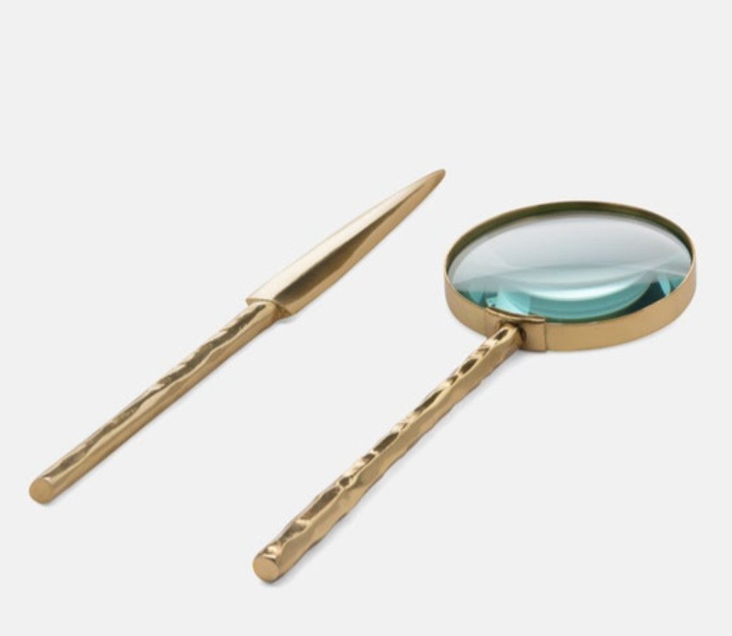 Magnifying Glass Hammered Brass and Letter Opener Set/2pc