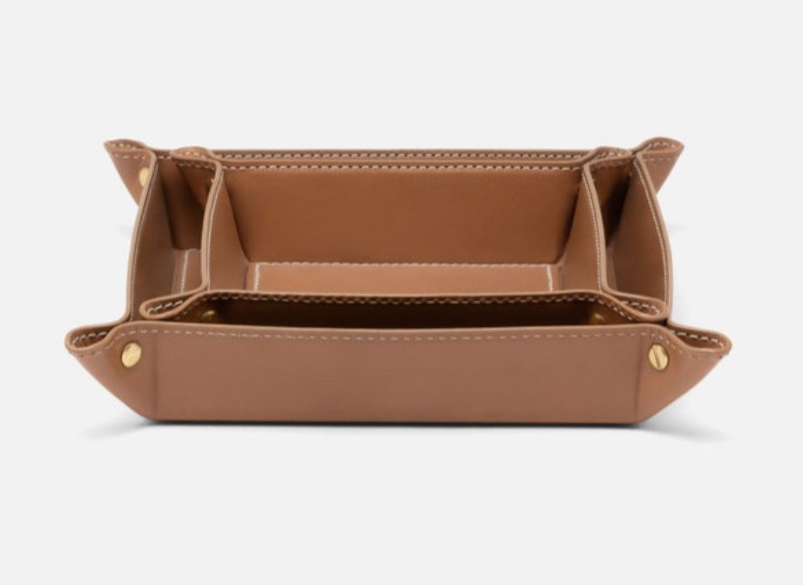 Set/2 Aged Camel Desk Catch All Trays Square Full Grain Leather