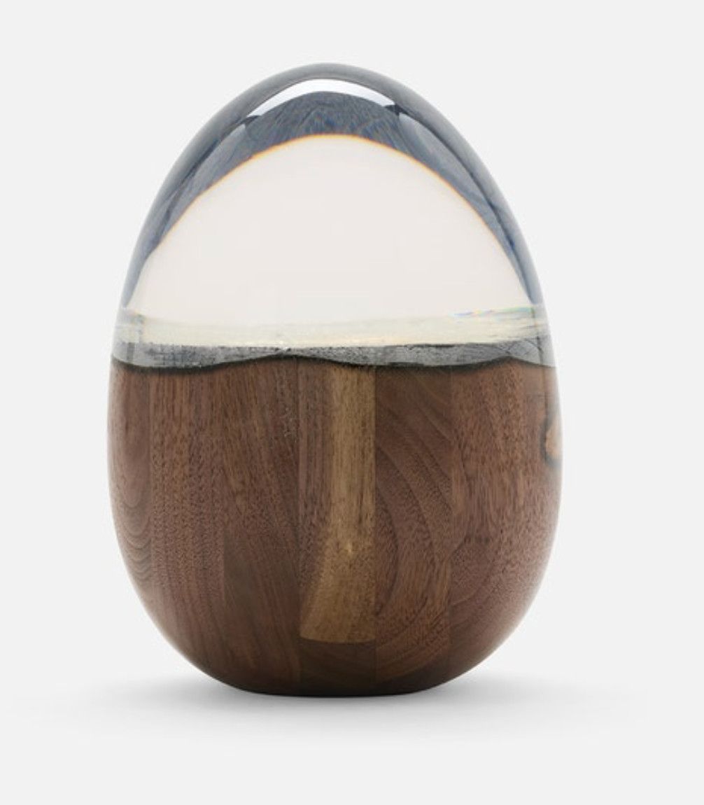 Sculpture Egg Shaped Walnut Charred Texture w/Acrylic Top Large