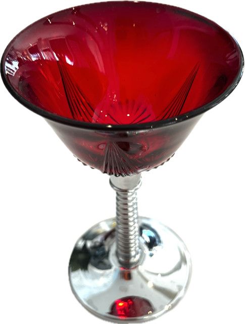 Vintage Art Deco Drinkware - Set/6 Red Glasses Chrome Base