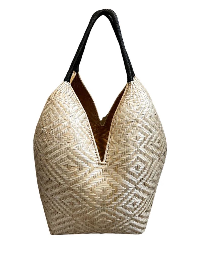 Floor Basket, Tall Woven Blonde w/Black Handles, Large 38&quot;H