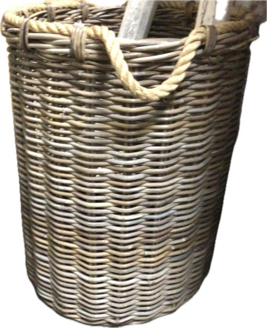 Round Tall Basket With Rope Trim Handles