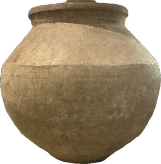 Antique 20th C Hand-painted Terra Cotta Vessel, Bali Tapered Bottom