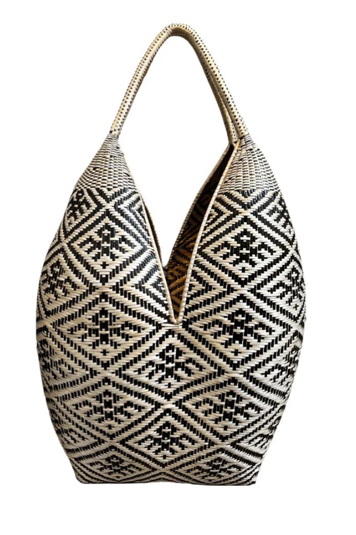 Floor Basket, Tall Woven Dark Brown w/Blonde Jaquard, Small