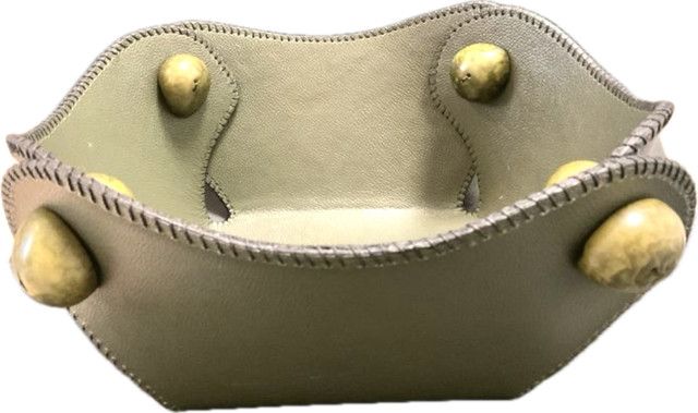 Bowl or Basket, Lg Green Leather Square with Wood Closures in 4 Corners