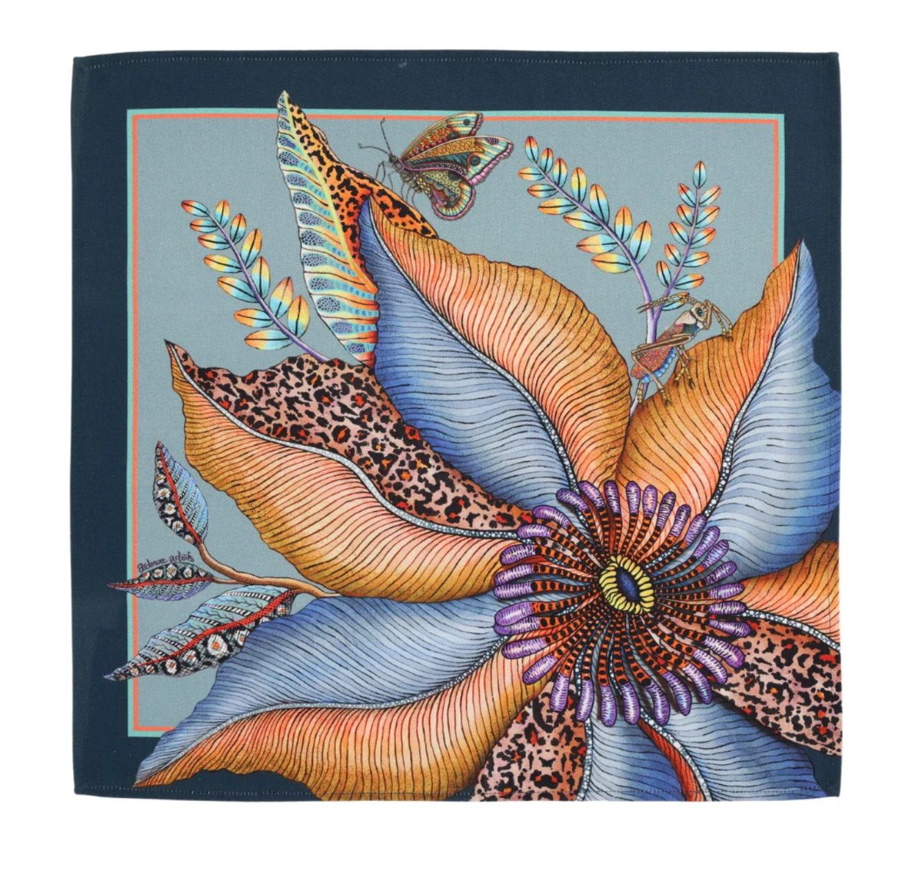 Napkin Set of 2, Blossoming Flower, Mist and Multi, 100% Cotton