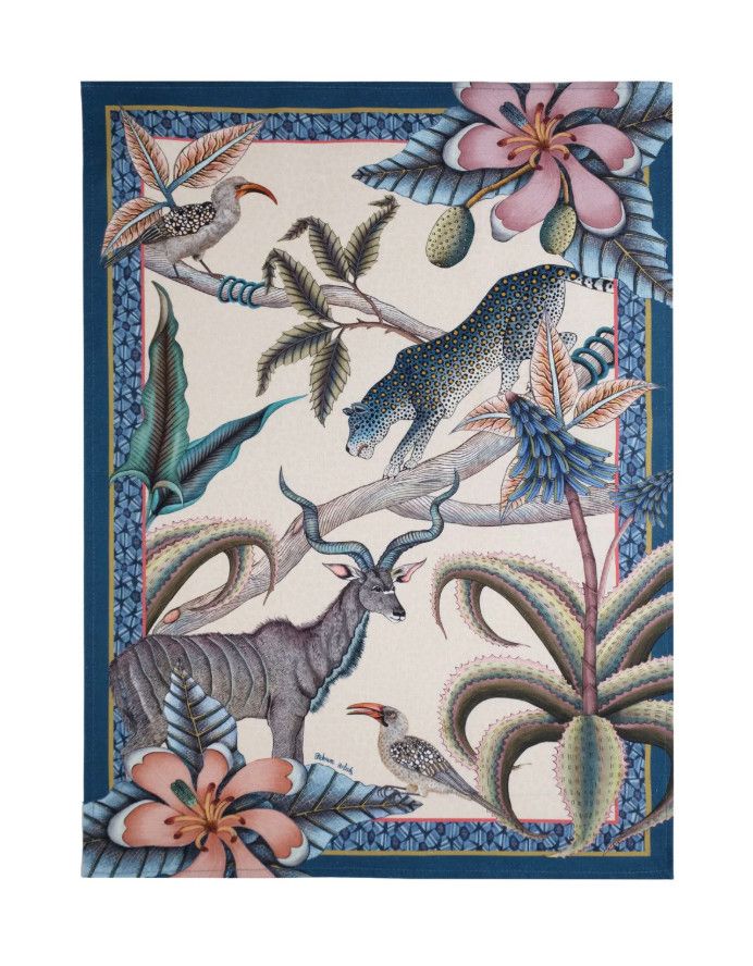 DUPLICATE Tea Hand Towel Set of 2, Lush foliage and hidden wildlife, Tanzanite and Multi, 100% Cotton