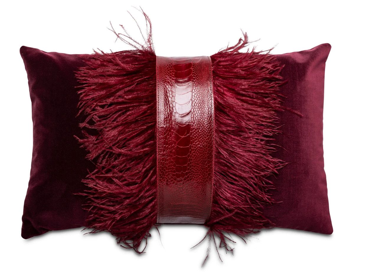Pillow, 22 x 14, Ostrich Trim,  Cabernet Velvet, feather down insert
