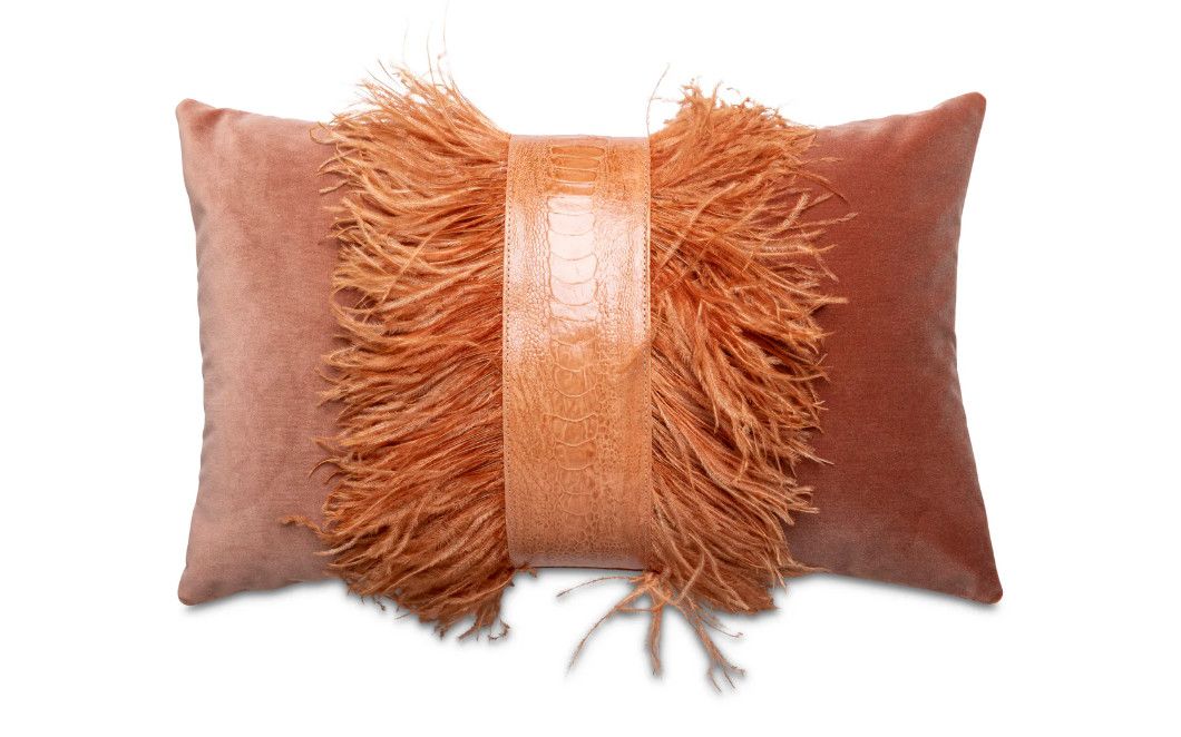Pillow, 22 x 14, Ostrich Trim,  Peach Velvet, feather down insert