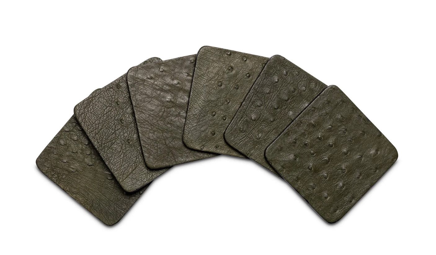 Coasters, Ostrich Leather Forest Green, set of 6 w/Tie