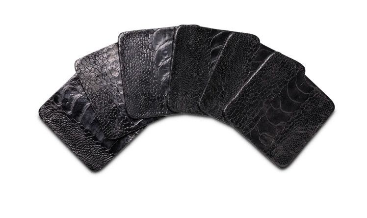 Coasters, Ostrich Shin Black, set of 6 w/Tie