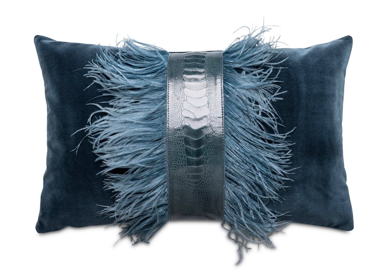 Lumbar Pillow, Ostrich Trim and Feathers, Teal Velvet 22&quot; x 14&quot;