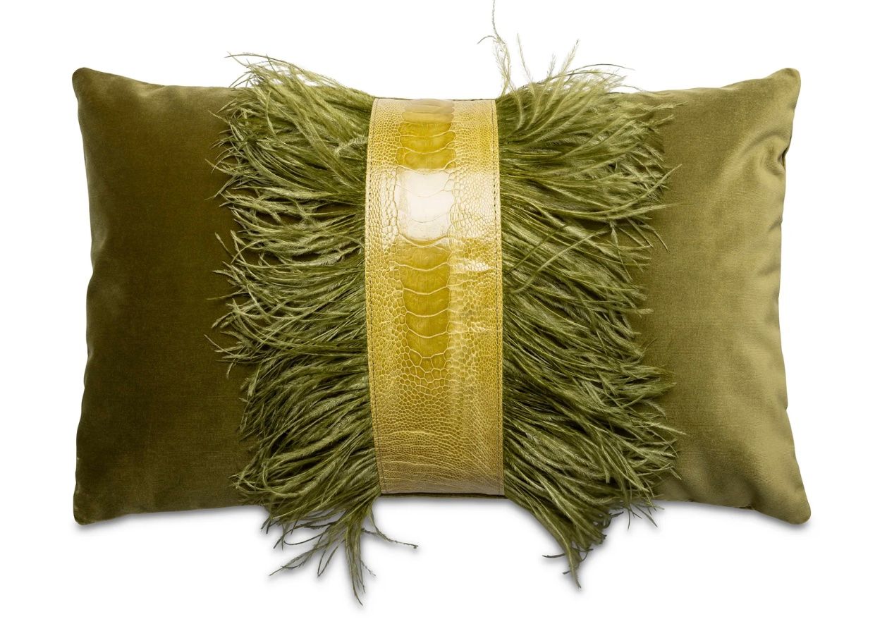 Lumbar Pillow with Ostrich Trim, Moss Velvet 22&quot; x 14&quot;