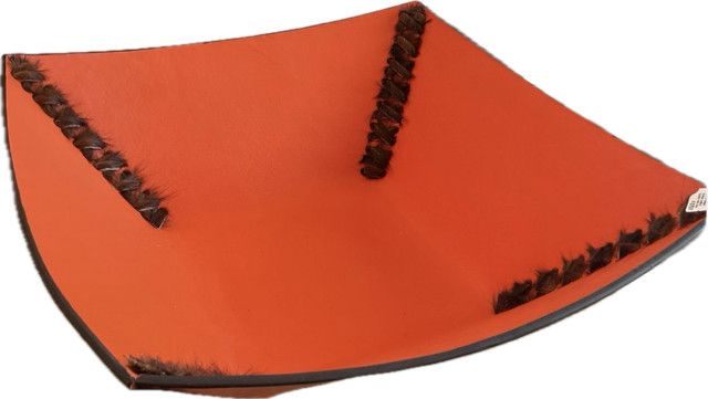 Bowl or Basket, Orange Leather Square with Hide Ties in 4 Corners