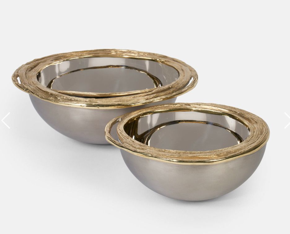 Set/2 Bowls Polished Stainless Steel w/ Textured Brass Rim 7.5&quot;D &amp; 6&quot;D x3&quot;H