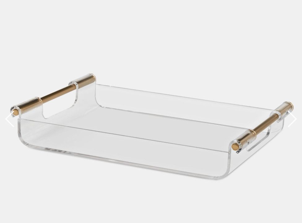 Tray, Round Edged Acrylic w/ Antique Brass Handles 3&quot;H x16&quot;W x 12&quot;D