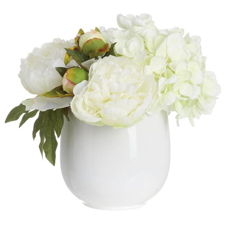Faux White Hydrangea &amp; Peony Arrangement in White Pot, 11&quot;H