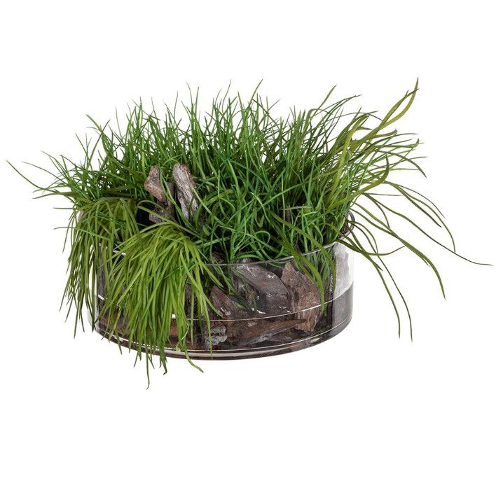 Faux Soft Grass and Wood Chips , Glass Vase, 10&quot; x 14&quot;D