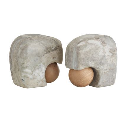 Bookends Grey Marble Over Polished Natural Oak Spheres 8&quot;W x4.5&quot;D x 8&quot;H
