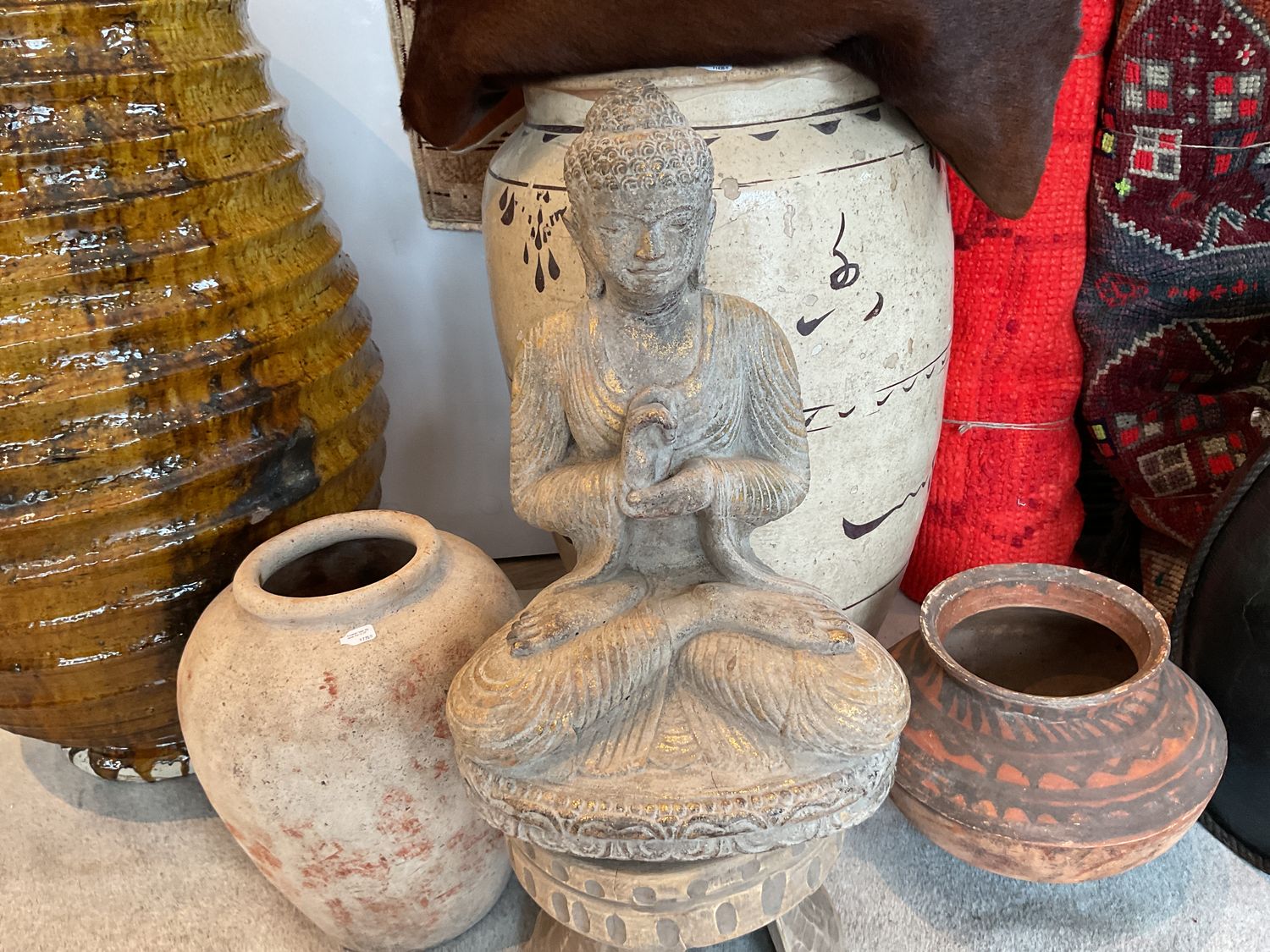 Sitting Buddha, 12”W x 9” D x 17” H, Stone &amp; Gold