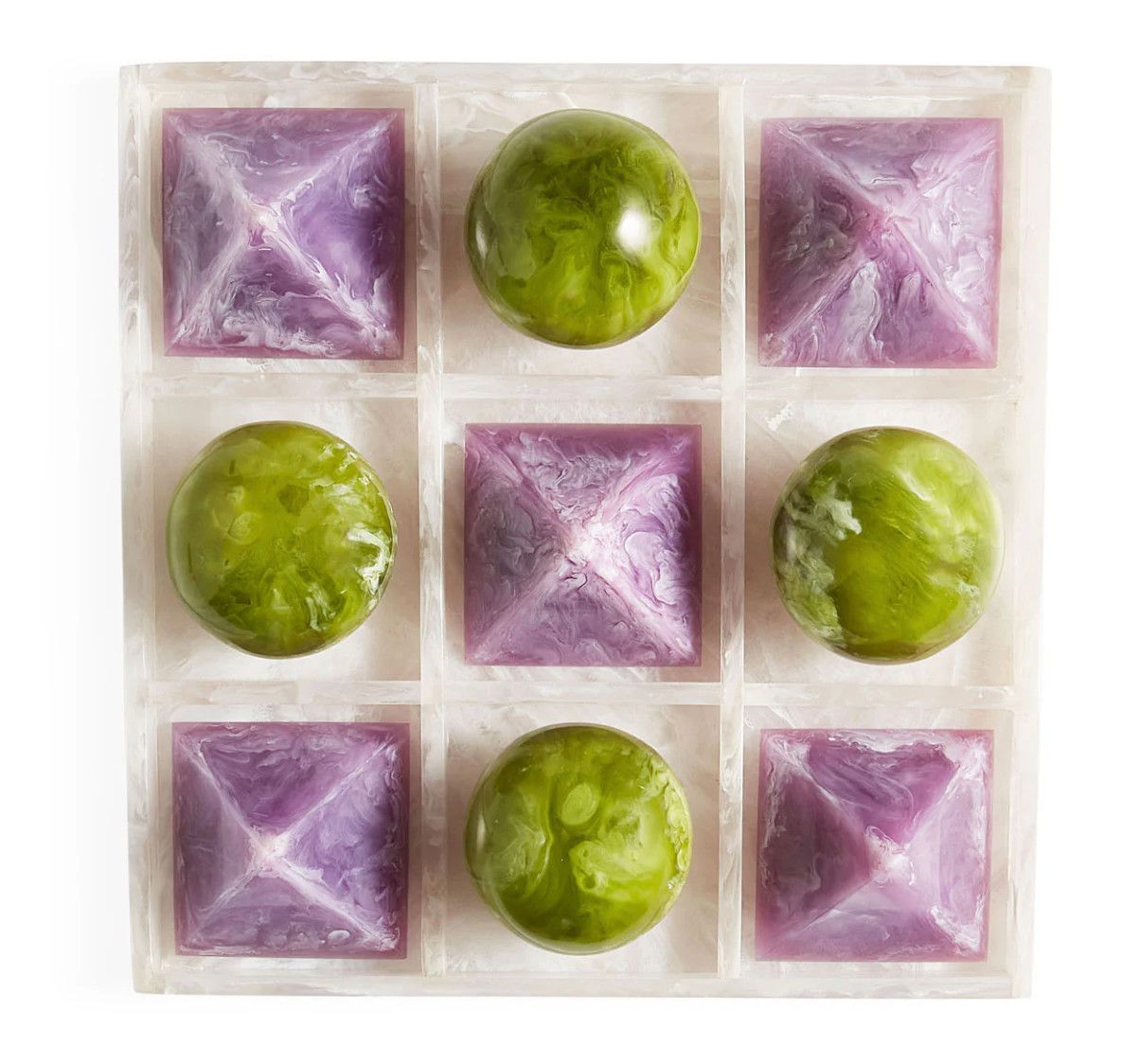 Tic Tac Toe Set, Marbelized Acrylic Spheres and Pyramids,Gr/Purple/Wh , 11&quot;