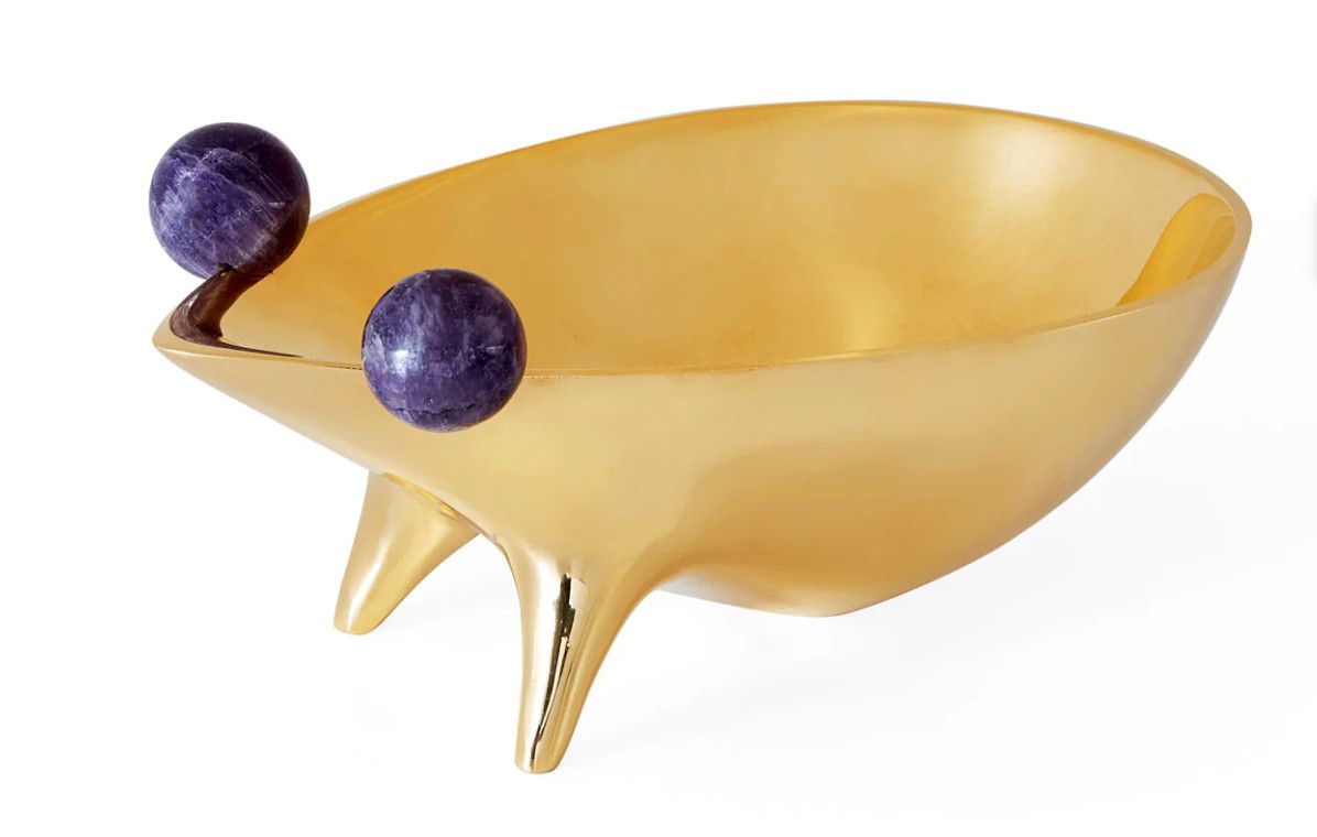 Brass Frog Bowl, Amethyst Eyes, 5.5&quot; x 8&quot; x 3.5&quot;h