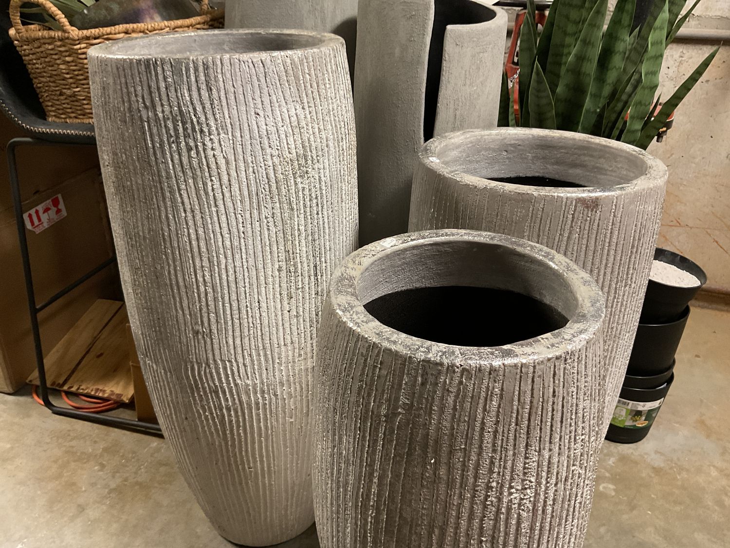 Set of 3 Tall Silver Ribbed Floor Vases