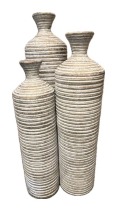 Set of 3 Small Mouth Ribbed Vases, Ivory Distressed