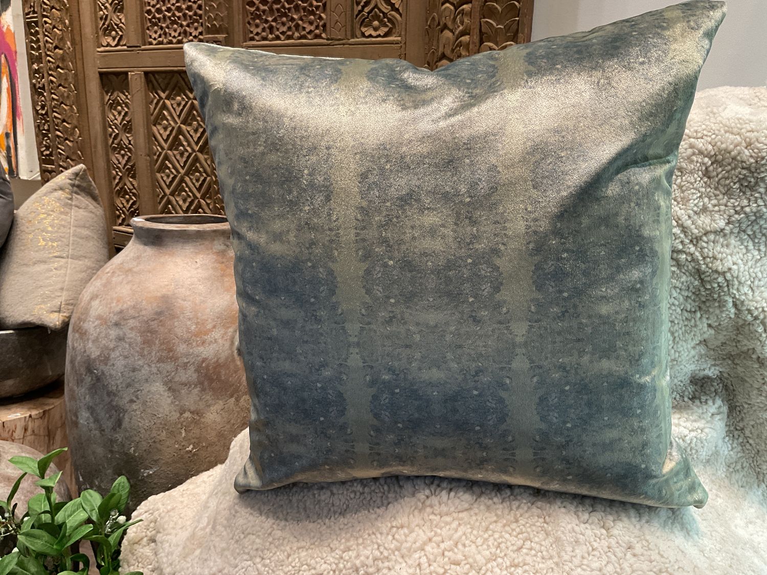 Pillow, Lt Green &amp; Blue Velvet, 22” sq. Inc. Down Insert