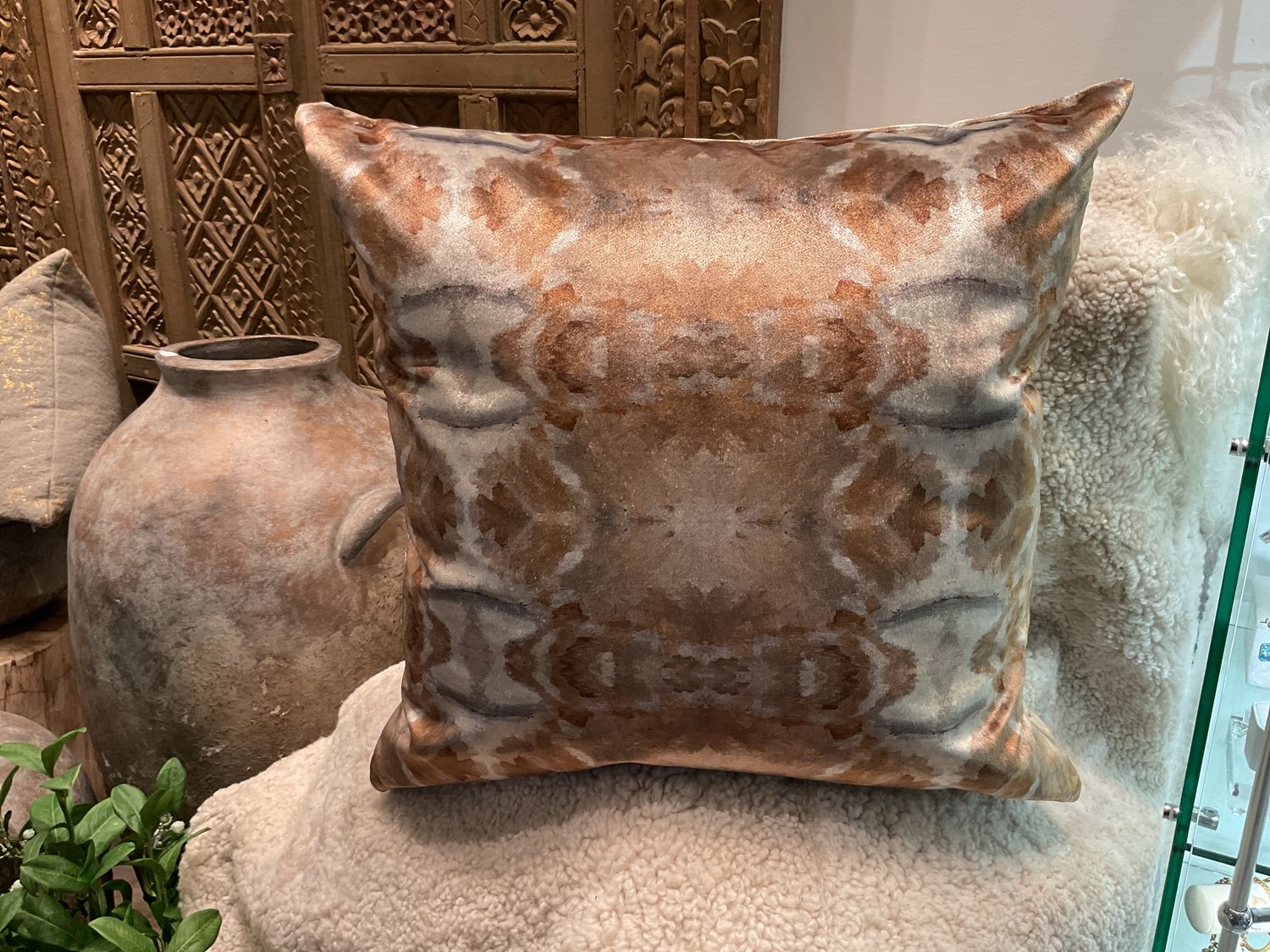 Pillow, Copper &amp; Lt Gray Velvet,22” Sq Inc. Down Insert