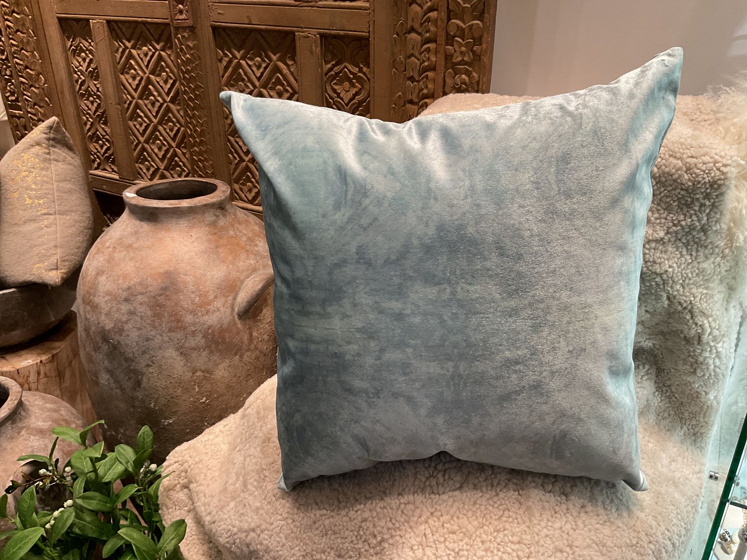 Pillow, Mint Blue Velvet, Topiary, 22” sq Inc Down Insert