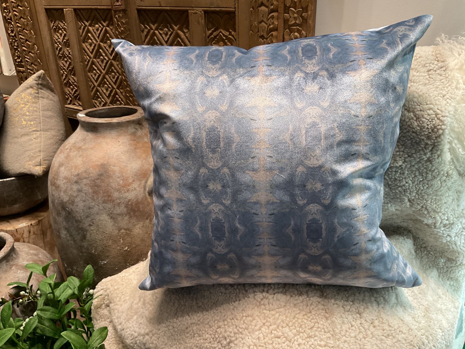 Pillow, Lt Blue &amp; Gray Velvet, London, 22” Sq. Inc Down Insert