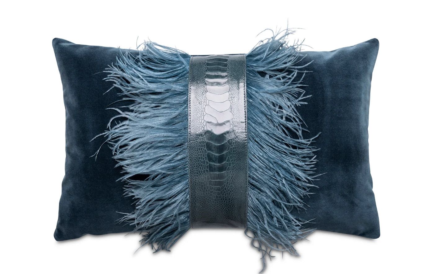 Lumbar Pillow with Ostrich Trim, Teal Velvet, 22&quot; x 14&quot;