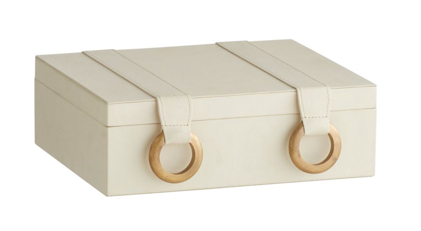 Leather Box, Ivory with Brass Rings, Suede Interior, Hinged, 11&quot; x 9.5&quot; x 4&quot;