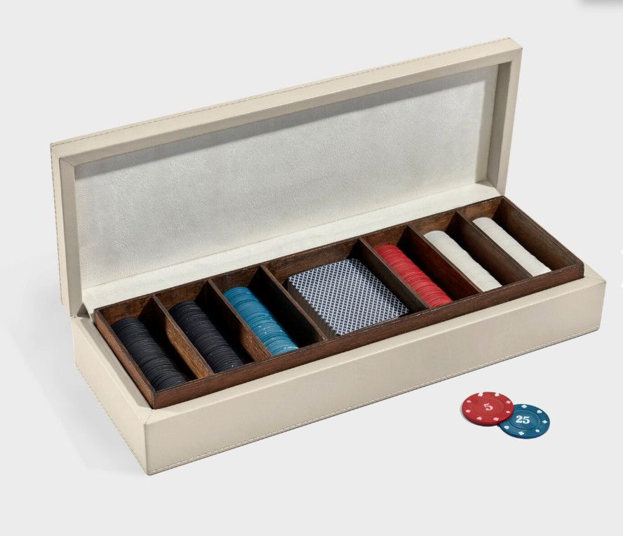 Luxury Poker Set Leather Exterior, Walnut Interior 2 1/2″H x 15″W x 5″D