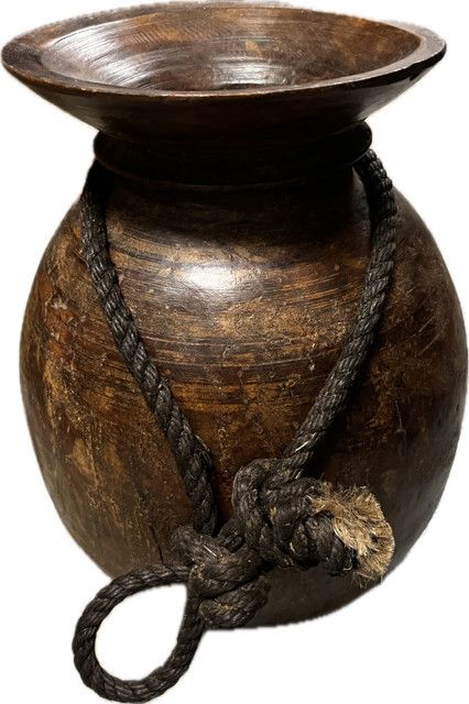 Wooden Vintage Water Pot With Rope 9''x9''x11''