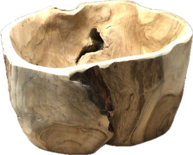 Teak log bowl, natural finish 7h x 12w