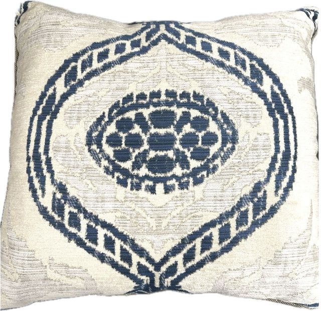 >Pillow Blue Cream Ivory Silver Velvet, Large Damask, 1 Avail