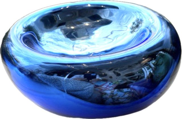 Mirrored Hand Blown Glass Bowl - Blue, 12" D x 6.5" H