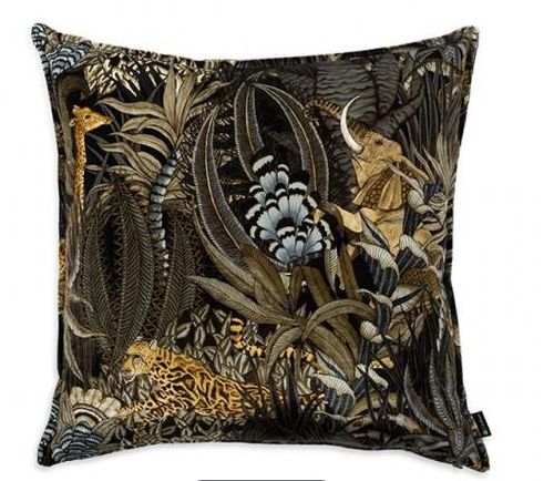 >Pillow, 24" x 24" Cotton Blend Velvet, Black, Gray,Gold Jungle Print