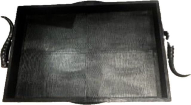 Tray Black Leather Rectangle Springbok Horn Handles 24 x 16