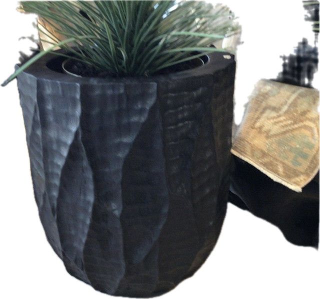 Black Hand-Carved Teak Planter from Bali, 20"H x 17"D