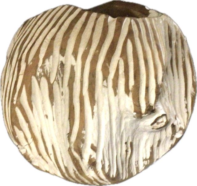 Painted Thailand Ball Bowl, Brown and White Sculpted Wood