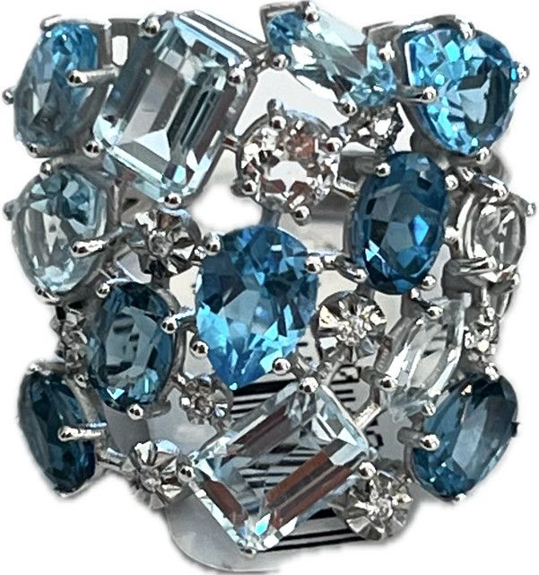 Ring 18K WG Blue Topaz / Aquamarine / Diamonds, Size 7.5
