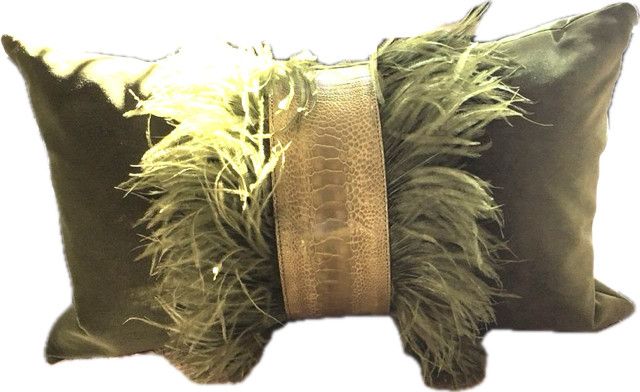 Lumbar Pillow, Ostrich Trim and Feathers, Green Cotton Velvet, Feather Down Insert, 1 Available