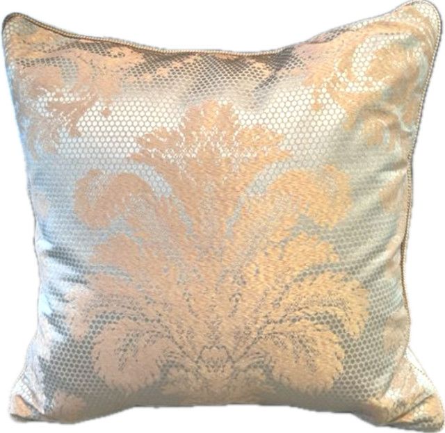 >Pillow Damask Peach Gold Feather Design Over Small Cream Dots