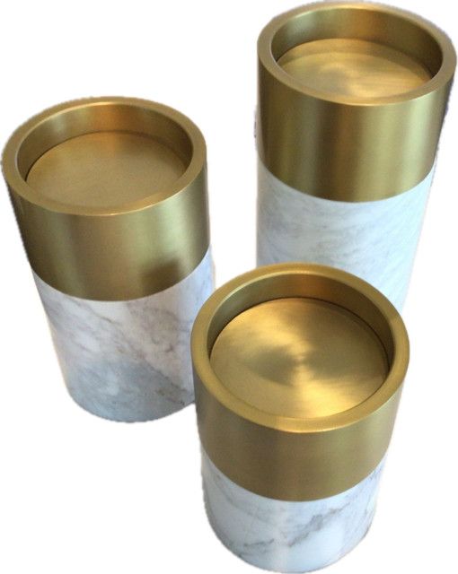 Set/3 White Marble Brass Candle Holders, 10", 8", 6.5"