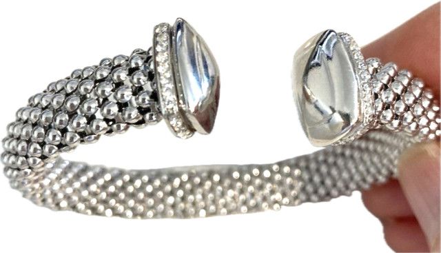 Bracelet Cuff Sterling Silver Textured w/ CZ Accents