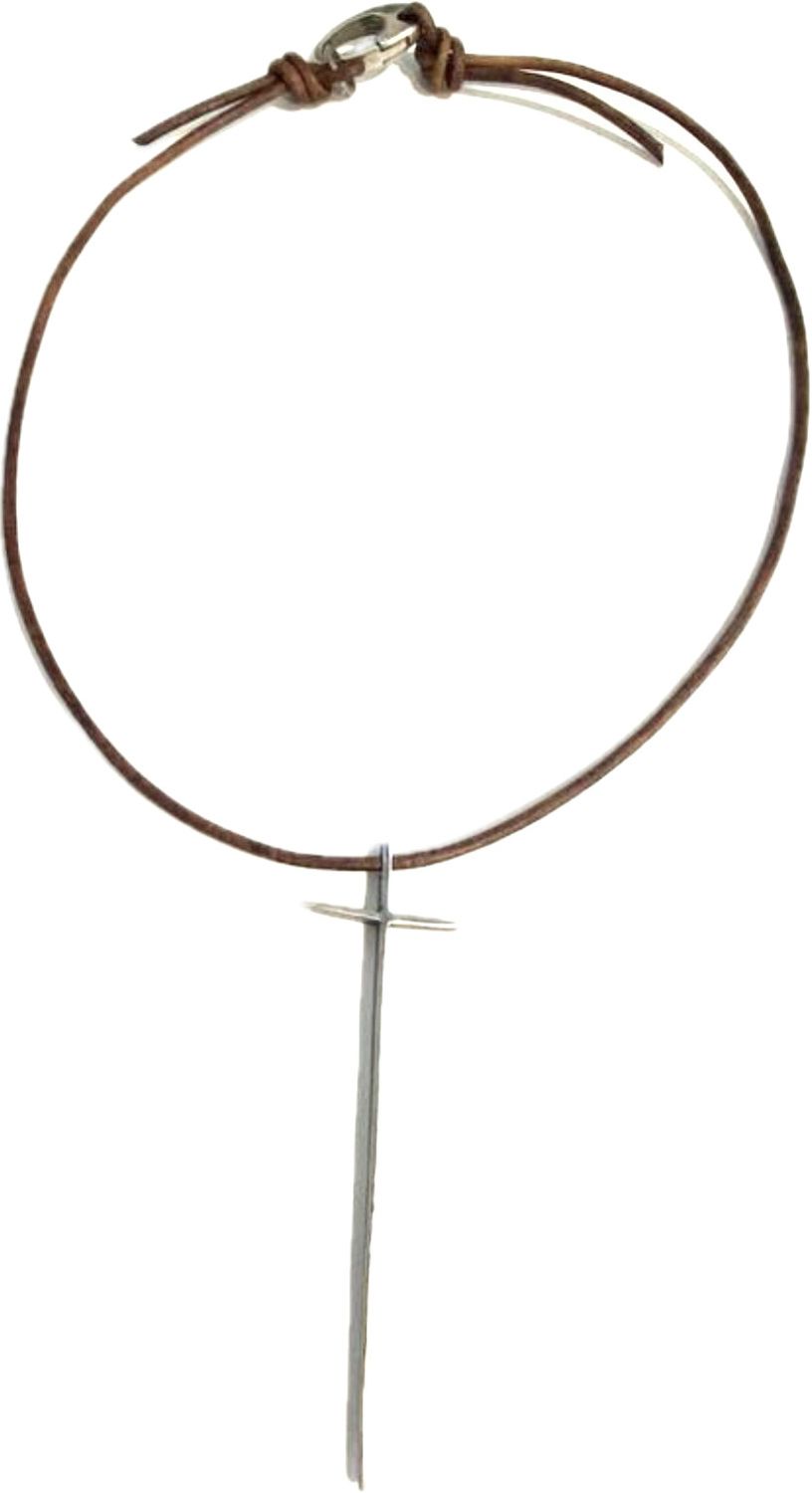 Necklace Leather Cord with Sterling Cross and Clasp Hand Made